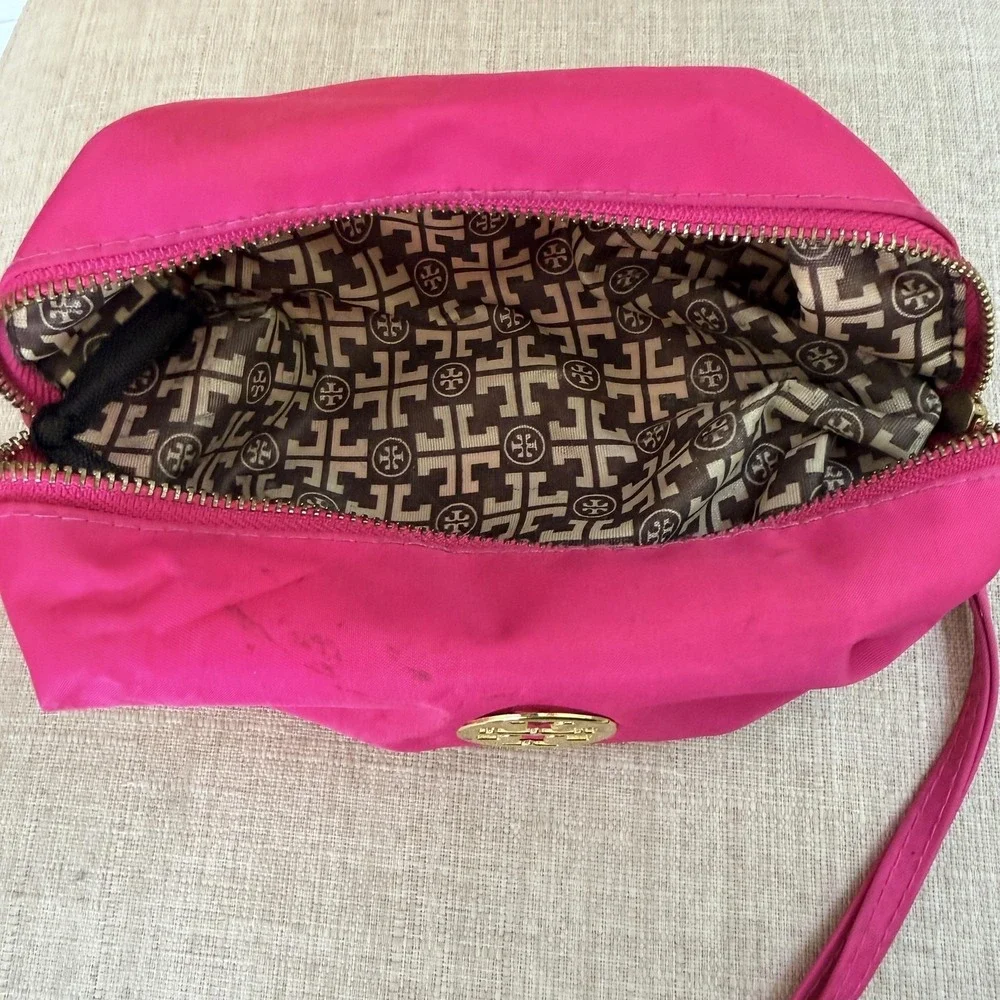 Tory Burch Clutch Wristlet Bag Womens Small Pink Nylon Zip Travel Makeup Bag